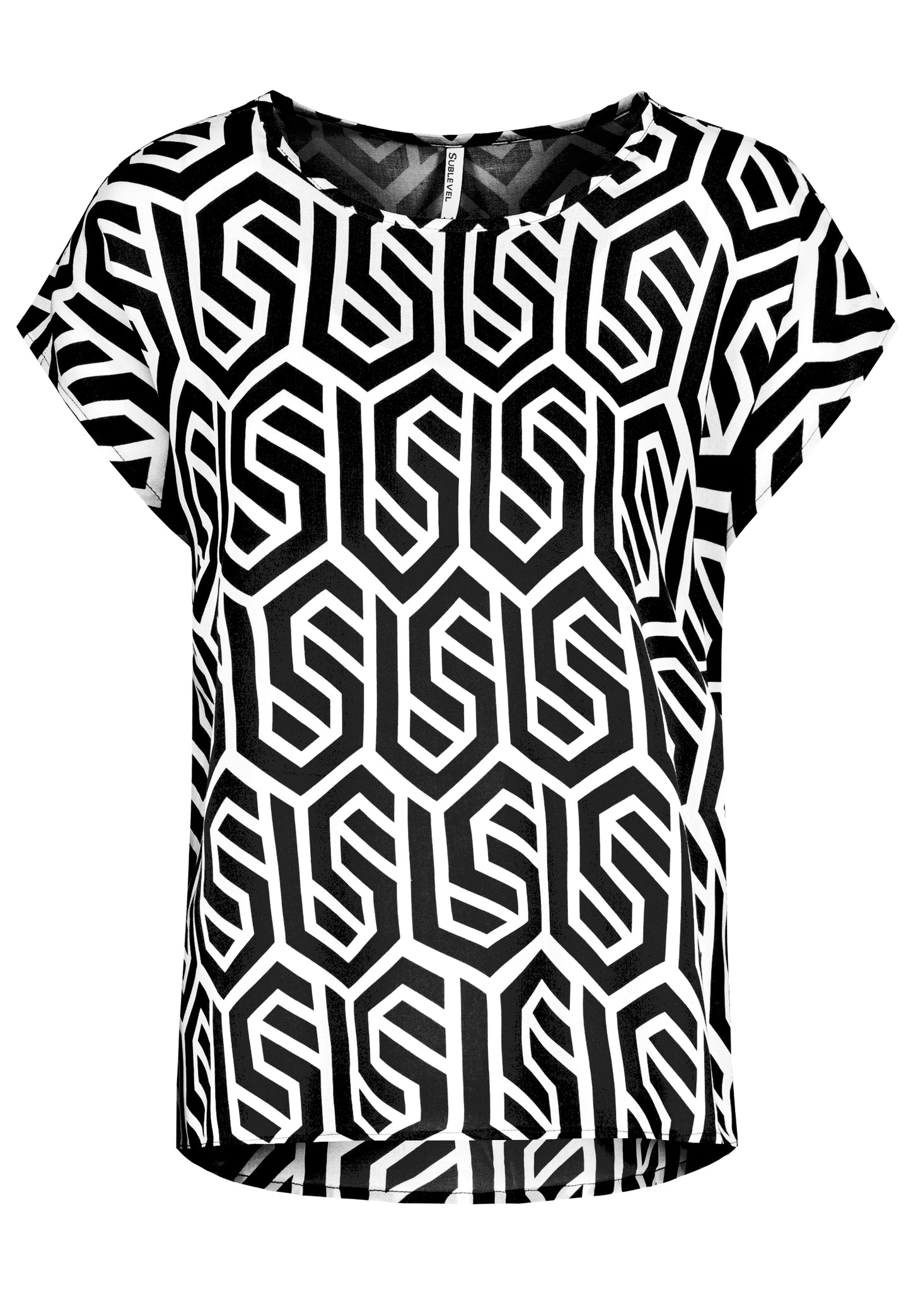 DOB Bluse, Rundhals mit Piping, übe, graphics: black-white